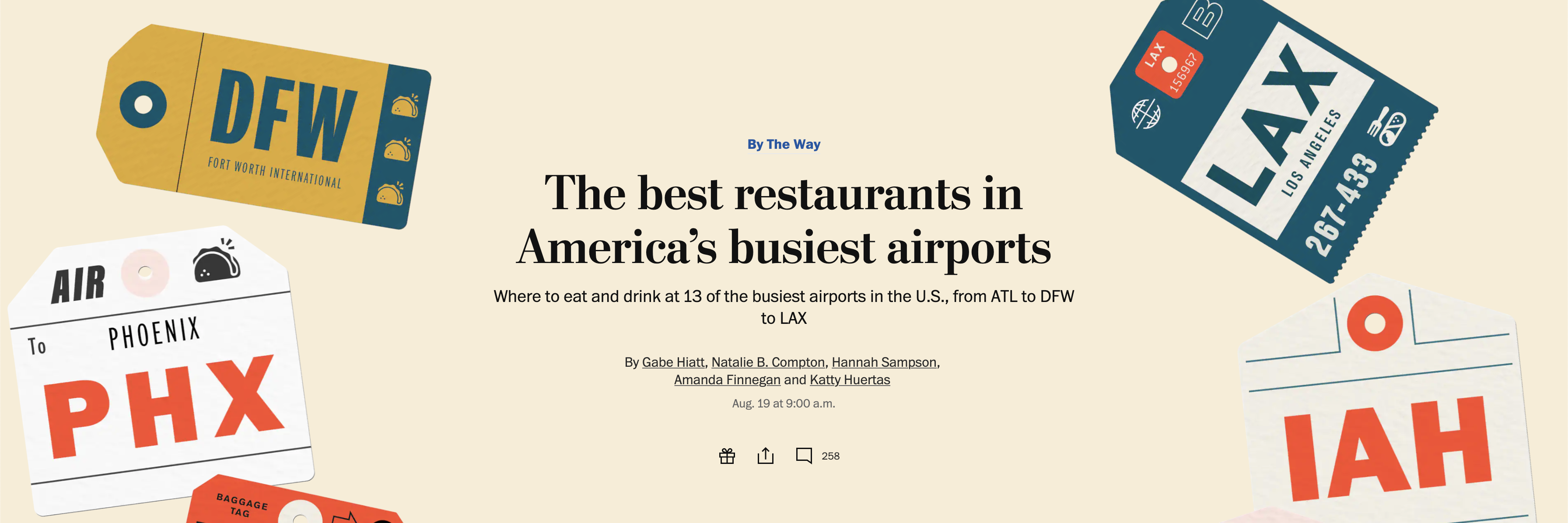 Text reads: The best restaurants in America’s busiest airports Where to eat and drink at 13 of the busiest airports in the U.S., from ATL to DFW to LAX By Gabe Hiatt, Natalie B. Compton, Hannah Sampson, Amanda Finnegan and Katty Huertas